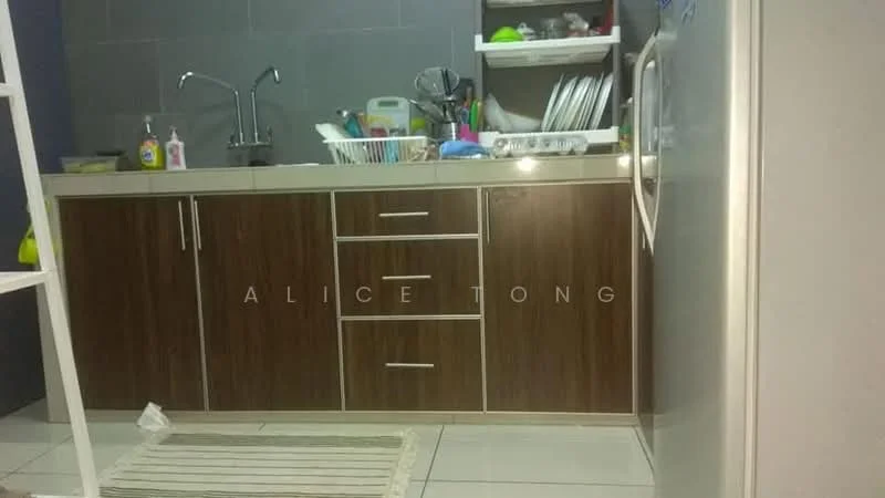 Kitchen features: brown wooden cabinetry, stainless-steel sink, chrome pull-down faucet, grey countertop, white ceramic tile backsplash, open shelving, visible kitchen appliances, dish rack with dishes, floor tiles, kitchen rug; style: modern.