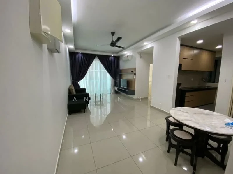Living features: white painted walls, glossy tile flooring, 5-blade ceiling fan with light, floor-to-ceiling windows with sheer curtains, black fabric sofa, TV console, wall-mounted TV, marble dining table, 4 dining chairs, recessed downlights; style: modern. Kitchen features: wood cabinetry, black countertop, stainless-steel sink, built-in oven, freestanding range oven, microwave, recessed downlights; style: modern.