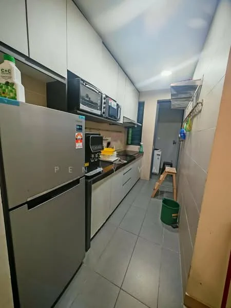 Kitchen features: grey cabinetry, stainless-steel fridge, built-in microwave, freestanding toaster, black countertop, ceramic tile flooring, wall-mounted shelves, stainless-steel sink, chrome faucet, under-cabinet lighting, kitchen appliances, open shelving, utility area, wall tiles, light fixtures; style: modern.