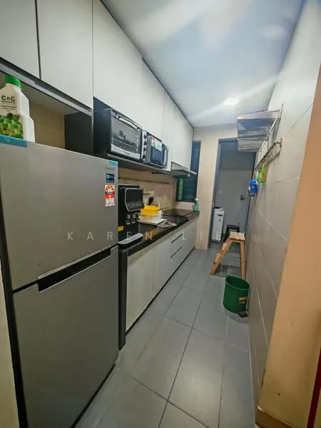 Kitchen features: grey cabinetry, stainless-steel fridge, built-in microwave, freestanding range oven, black countertop, ceramic tile flooring, recessed downlights, wall-mounted shelf, kitchen sink, kettle, toaster, open shelving; style: modern.