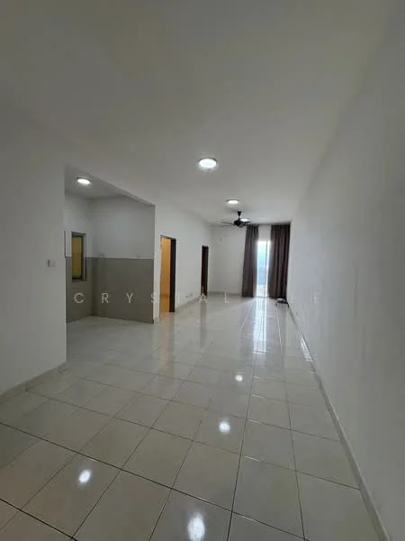 Room features: white painted walls, glossy ceramic tile flooring, recessed downlights, ceiling fan, large windows with sheer curtains, neutral color scheme, open layout, doorway leading to another room; style: modern.
