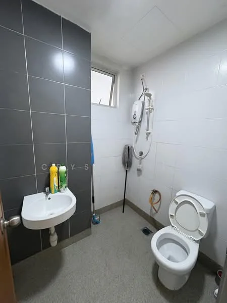 Bathroom features: white tiled walls, dark grey accent wall, ceramic tile flooring, single-sink vanity with wall-mounted faucet, one-piece toilet, shower with wall-mounted water heater, mirror above sink, window for natural light; style: modern.
