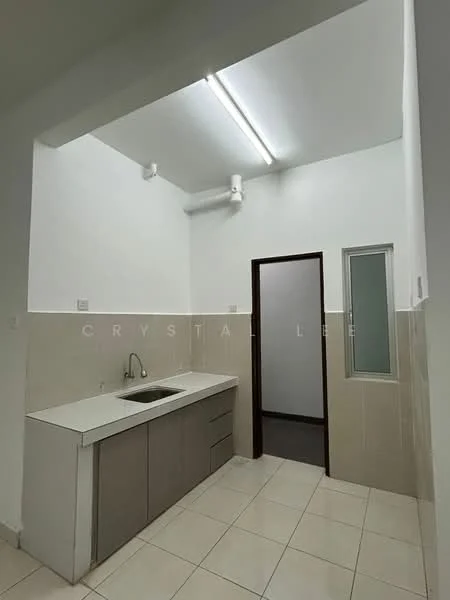 Kitchen features: white painted walls, cream tiled backsplash, laminate cabinetry in grey, single-bowl stainless-steel sink, chrome pull-down faucet, countertop with straight edge, tile flooring, fluorescent ceiling lights, window with glass panel, doorway leading to another room; style: modern.