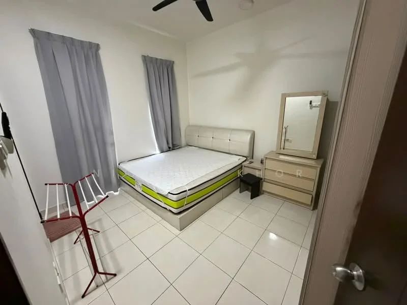 Bedroom features: queen-size bed, upholstered headboard, white bedding, two grey curtains, white tiled flooring, ceiling fan, wooden bedside table, dressing table with mirror, light-colored chest of drawers, clothes drying rack; style: modern.