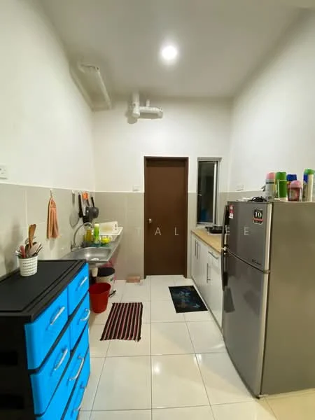 Kitchen features: white painted walls, glossy white tile flooring, stainless-steel fridge, single-bowl stainless-steel sink, chrome pull-down faucet, wooden cabinetry, countertop with space for appliances, kitchen mat, window with natural light, kitchen utensils on wall-mounted rack, red plastic bucket, black storage drawer unit; style: modern.