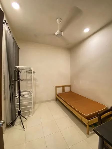 Bedroom features: single bed with wooden frame, ceiling fan, white painted walls, tile flooring, curtains, clothes rack, foldable drying rack, light fixtures; style: minimalist.