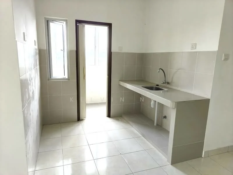 Kitchen features: white painted walls, light grey tiled backsplash, grey countertop, single-bowl stainless-steel sink, chrome pull-down faucet, ceramic tile flooring, window with view to outside, door leading to outside; style: modern.