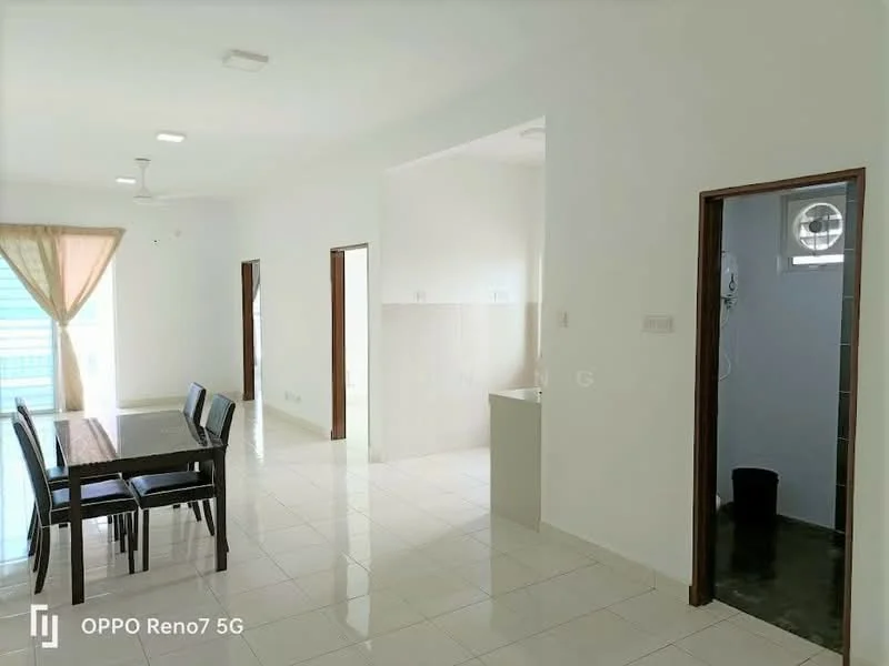 Dining features: dining table with four chairs, white walls, glossy tile flooring, ceiling fan, large window with sheer curtains, natural light, open layout; style: modern. Room features: white walls, glossy tile flooring, doorway leading to another room, light fixtures, window, unknown room with plumbing fixtures.