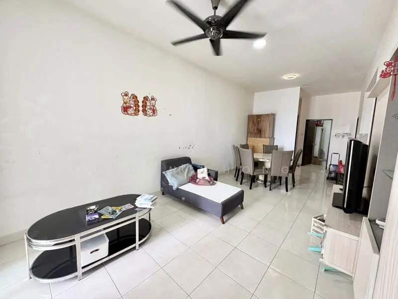 Living features: white painted walls, glossy ceramic tile flooring, 5-blade ceiling fan, sofa with grey upholstery, coffee table with black surface, dining table with six chairs, decorative wall art, TV console, wall-mounted TV; style: modern.