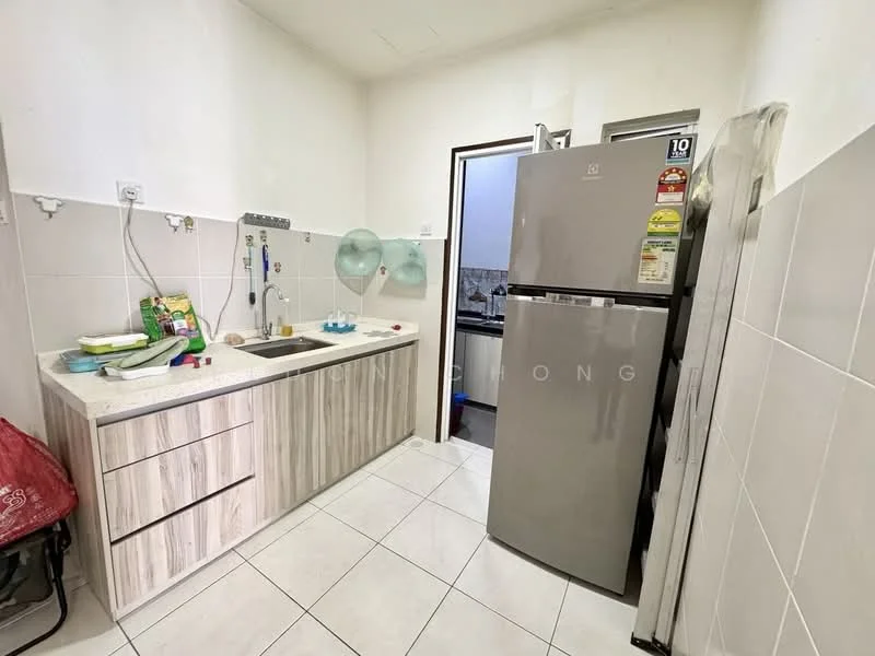 Kitchen features: single-bowl stainless-steel sink, chrome pull-down faucet, grey laminate cabinetry, white tiled backsplash, white ceramic tile flooring, stainless-steel fridge, countertop with space for appliances, wall-mounted kitchen accessories, open shelving, window for natural light; style: modern.
