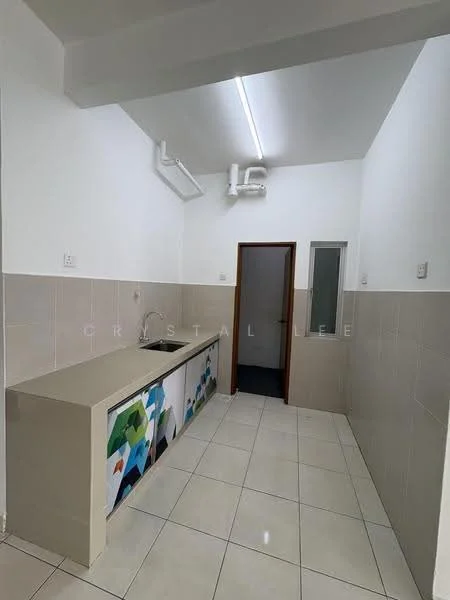 Kitchen features: single-bowl stainless-steel sink, chrome pull-down faucet, laminate countertop, white tiled backsplash, cream painted walls, white ceiling, fluorescent ceiling lights, floor tiles in white, built-in cabinetry with colorful design, window for natural light, door leading to another room; style: modern.