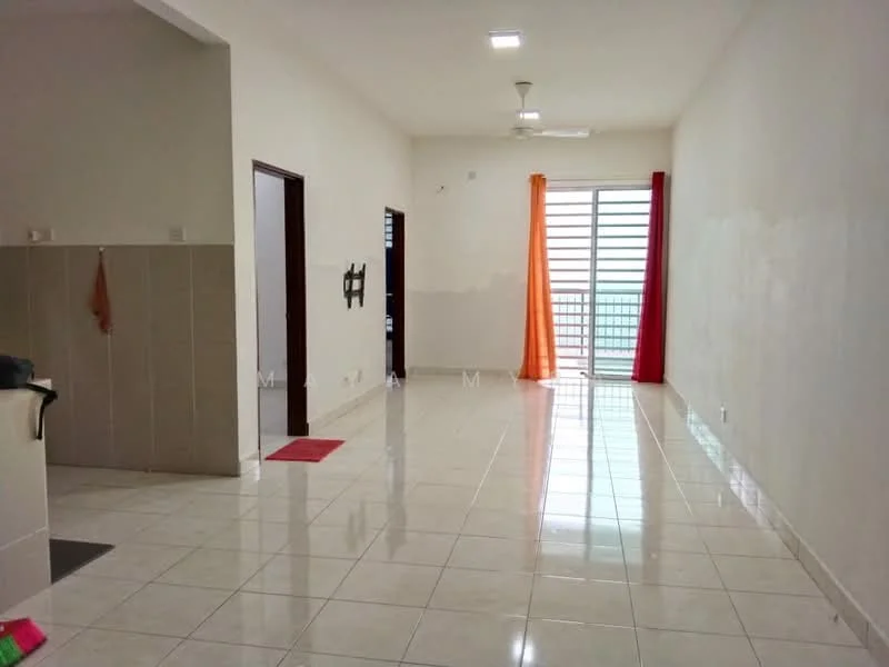 Living features: white painted walls, glossy ceramic tile flooring, ceiling fan, large window with city view, red curtains, orange curtains, doorway leading to other rooms, area rug in red; style: modern; view: city.