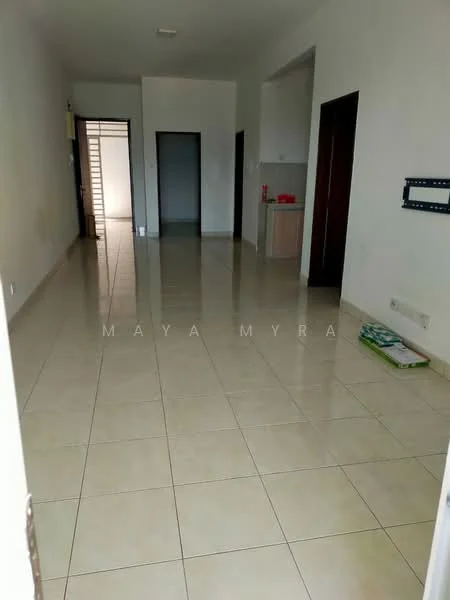 Room features: white painted walls, cream tiled flooring, recessed ceiling lights, open layout, doorway leading to another room, doorway leading to kitchen area, large windows for natural light, neutral color scheme; style: modern.