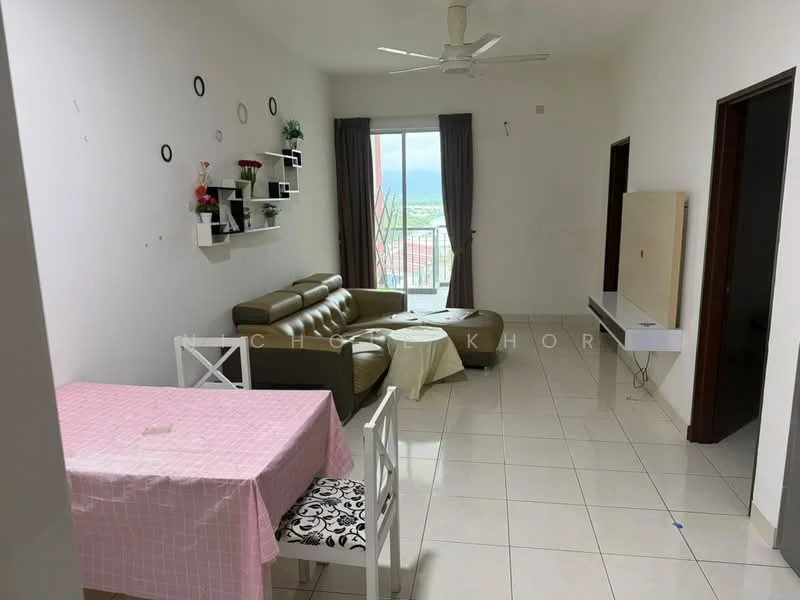 Living features: cream painted walls, white tiled flooring, 5-blade ceiling fan, large window with city view, brown leather sectional sofa, white wall-mounted TV console, decorative wall shelves, dining table with white chairs, pink tablecloth, curtains in grey, light-colored coffee table; style: modern; view: city.