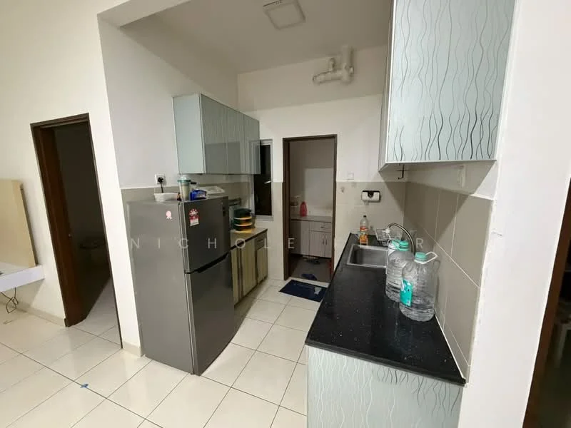 Kitchen features: stainless-steel fridge, built-in oven, double-bowl stainless-steel sink, chrome pull-down faucet, black granite countertop, light grey cabinetry with wave pattern, ceramic tile flooring, wall-mounted exhaust pipe, white painted walls, window with view to hallway; style: modern.