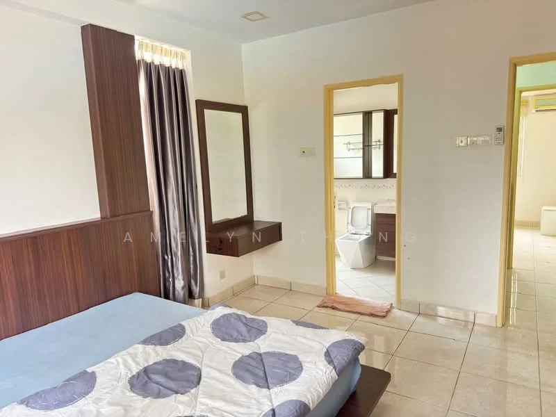 Bedroom features: queen-size bed with blue bedding, wooden headboard, built-in wardrobe with mirror, floor-to-ceiling window with sheer curtains, tile flooring, decorative wall paneling, wall-mounted mirror, light switch, doorway leading to bathroom; style: modern. Bathroom features: one-piece toilet, sink with countertop, tile cladding, light fixture, doorway leading to bedroom.