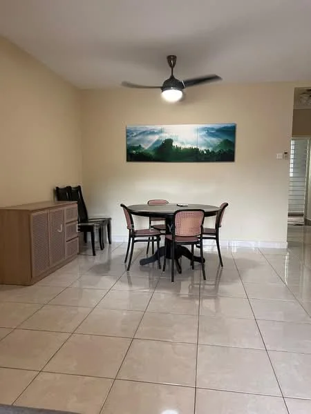 Dining features: round dining table, 4 dining chairs, ceiling fan with light, cream painted walls, glossy tile flooring, sideboard cabinet, decorative wall art, natural light from window; style: modern.