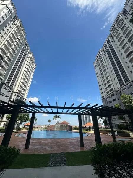 Exterior type: high-rise condominium; features: infinity pool, pool deck with loungers, landscaped garden, palm trees, manicured lawn, recessed balconies, glass curtain wall facade, surrounded by mature greenery; style: modern.