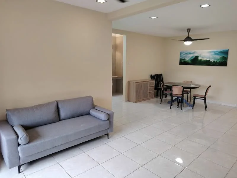 Living features: grey fabric 3-seater sofa, white walls, tile flooring, 5-blade ceiling fan with light, recessed downlights, decorative wall art, open layout, natural light from adjacent room; style: modern. Dining features: round dining table, 4 upholstered dining chairs, wooden sideboard, tile flooring, white walls, 5-blade ceiling fan with light, recessed downlights; style: modern.