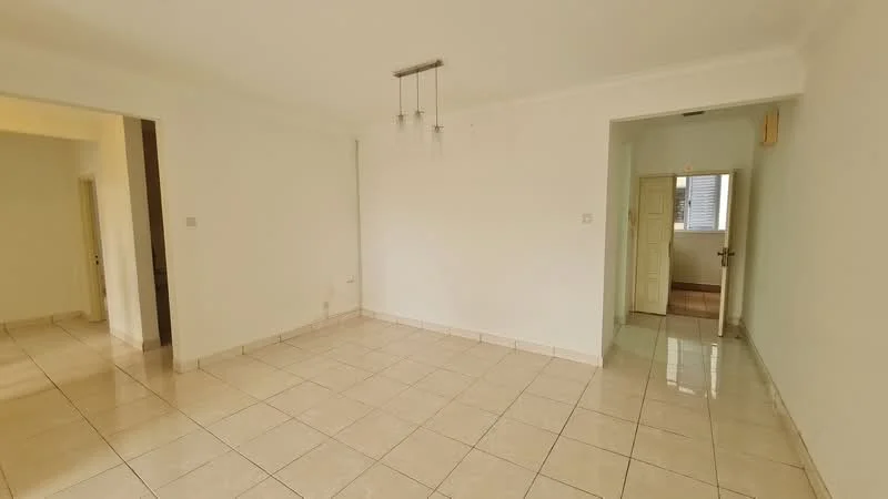 Living features: white painted walls, glossy ceramic tile flooring, recessed downlights, chandelier, open layout, doorway leading to hallway, doorway leading to another room, large windows, neutral color scheme; style: modern.
