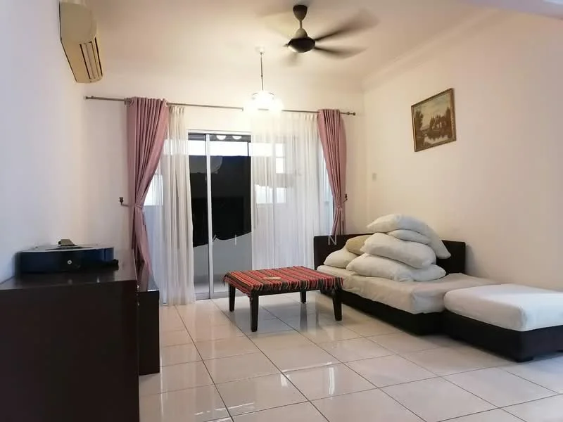 Living features: white painted walls, glossy tile flooring, 5-blade ceiling fan, sofa with cushions, coffee table, sheer curtains, blackout curtains, framed artwork, sliding glass door, area rug with geometric pattern; style: modern.