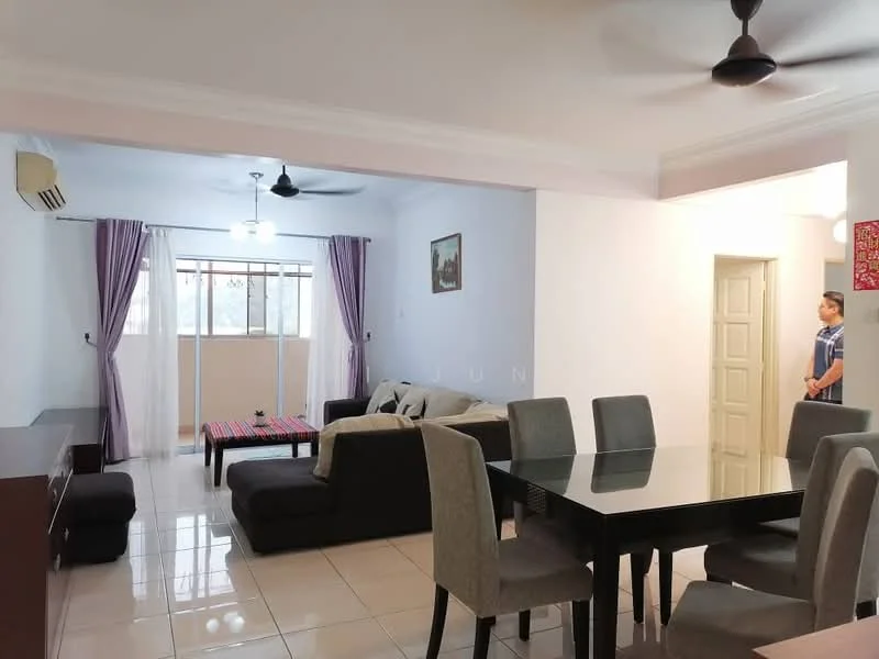 Living features: white painted walls, glossy tile flooring, 5-blade ceiling fan with light, sofa in grey fabric, coffee table with decorative items, dining table with 6 upholstered chairs, floor-to-ceiling window with sheer curtains, wall-mounted air conditioning unit, decorative artwork on wall, area rug with geometric pattern; style: modern.