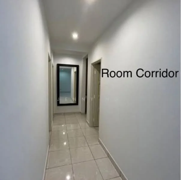 Room features: white painted walls, glossy ceramic tile flooring, recessed downlights, mirror on wall, doorways, straight corridor layout; style: modern.