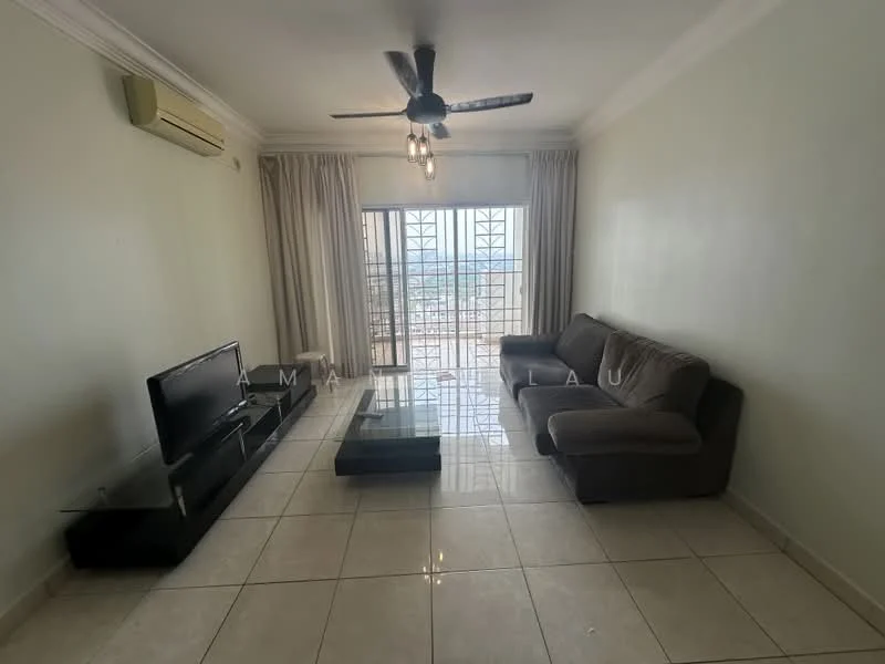Living features: 3-seater fabric sofa in grey, coffee table with glass top, wall-mounted TV, TV console, ceiling fan with light, floor-to-ceiling windows, curtains, cream painted walls, tile flooring; style: modern; view: city.