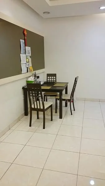 Dining features: square dining table, 4 dining chairs, white glossy tile flooring, cream painted walls, recessed ceiling lights, decorative wall panel, paper notices on wall, small side table with items; style: modern.