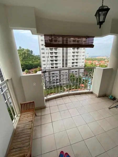 Room features: tiled flooring, balcony railing, wooden bench, outdoor view, overhead lantern, sliding window with blinds; view: city.