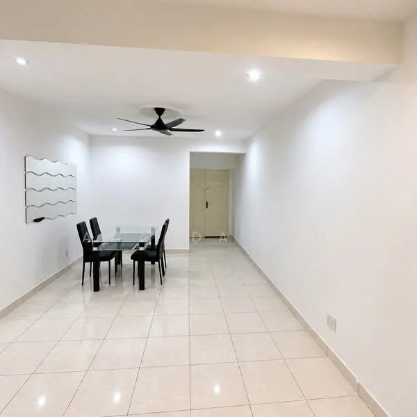 Dining features: glass dining table, 4 black dining chairs, white painted walls, white ceiling, recessed downlights, polished ceramic tile flooring, ceiling fan, mirror with wavy design; style: modern.