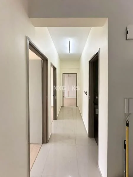 Hallway features: white painted walls, glossy tile flooring, recessed ceiling lights, door frames in light wood, multiple doorways, neutral color palette, straight corridor layout; style: modern.
