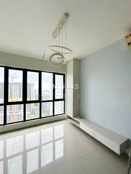 Living features: large floor-to-ceiling windows, white painted walls, light-colored tiled flooring, modern pendant light fixture, built-in TV console, city skyline view, air conditioning unit; style: modern; view: city.