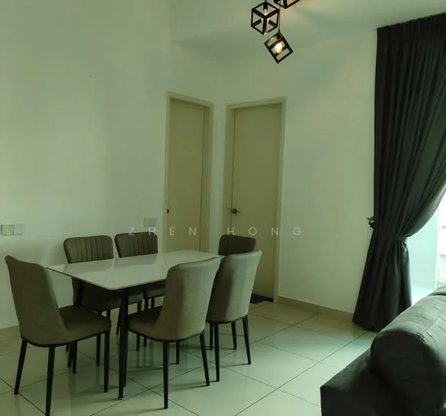 Dining features: white dining table, 6 upholstered dining chairs in grey, white walls, tile flooring, recessed ceiling lights, floor-to-ceiling window with sheer curtains, two doors leading to other rooms, dark grey sofa in background; style: modern.
