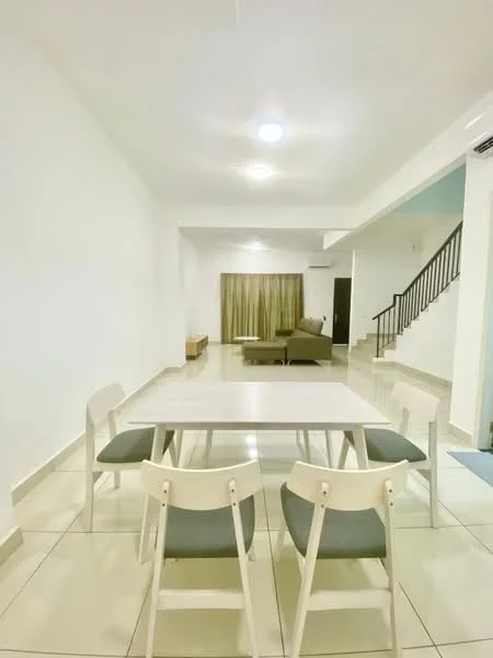 Dining features: white painted walls, tile flooring, 4-seater dining table, light grey upholstered dining chairs, recessed downlights, curtains in green, open layout to living area, sofa visible in background; style: modern.