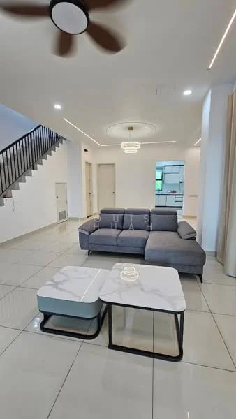 Living features: L-shape sectional sofa in grey fabric, marble-top coffee table with black metal frame, white painted walls, polished ceramic tile flooring, recessed LED downlights, 5-blade ceiling fan with light, decorative ceiling rose, large windows with sheer curtains, staircase with black railing; style: modern.