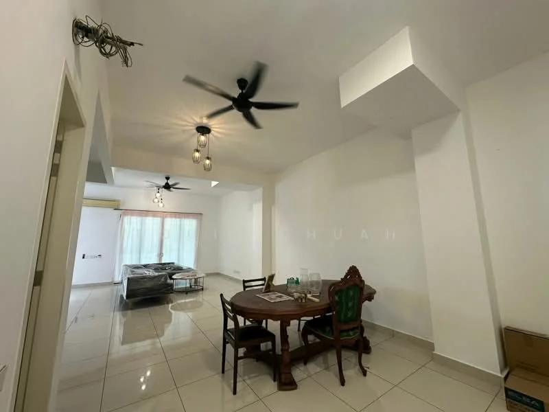 Living features: white painted walls, glossy ceramic tile flooring, 5-blade ceiling fan with light, 2-blade ceiling fan, dining table with wooden chairs, sofa set, large windows with sheer curtains, recessed lighting; style: modern.