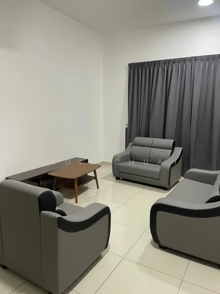 Living features: grey fabric 3-seater sofa, grey fabric 2-seater sofa, wooden coffee table, white painted walls, cream tiled flooring, floor-to-ceiling grey curtains, recessed lighting; style: modern.