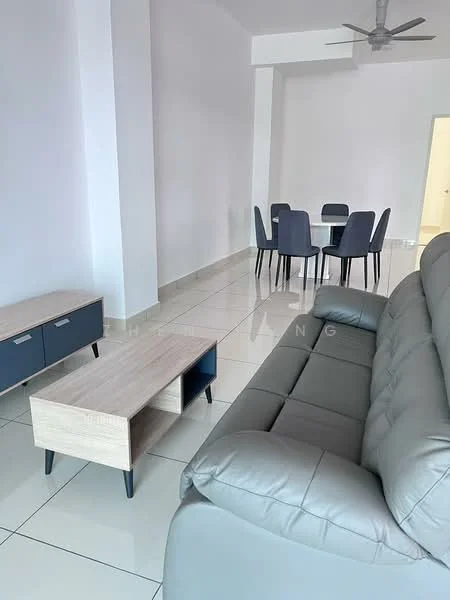 Living features: grey leather sofa, coffee table with light wood top and black legs, TV console with light wood top and black drawers, white painted walls, glossy white tile flooring, ceiling fan, area rug, natural light from doorway; style: modern. Dining features: 4-seater dining table, black dining chairs, white painted walls, glossy white tile flooring, natural light from doorway; style: modern.
