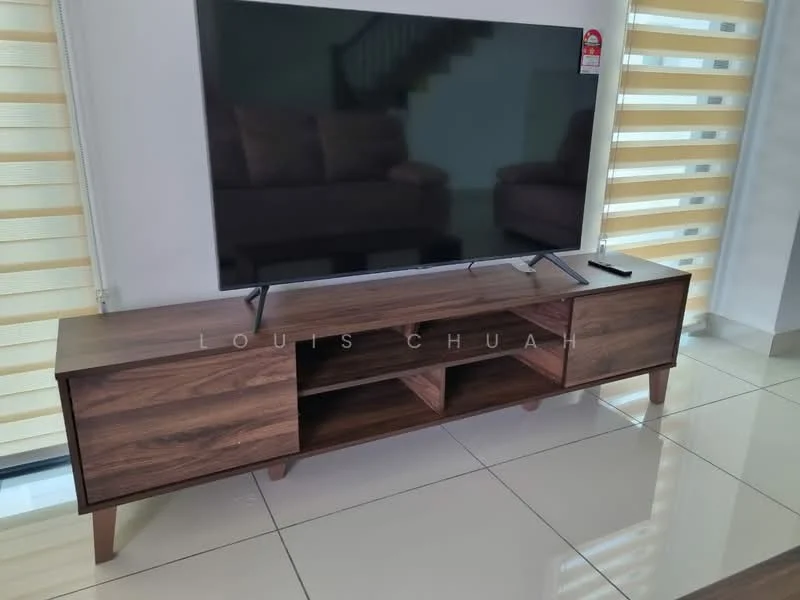 Living features: wooden TV console with storage, flat-screen TV, ceramic tile flooring, large windows with sheer blinds, neutral wall color, sofa visible in background; style: modern.