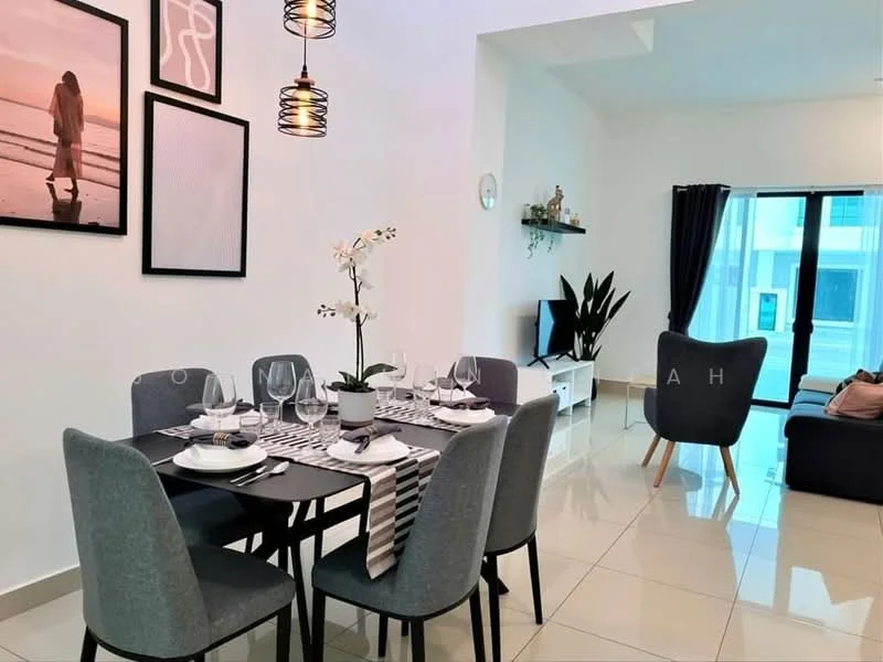Dining features: 6-seater dining table, grey upholstered dining chairs, decorative table runner, white plates, glassware, cutlery, wall-mounted shelf, framed artwork on walls, pendant light fixture, white painted walls, tile flooring, indoor plant, floor-to-ceiling windows with curtains; style: modern. Living features: fabric sofa in grey, coffee table, wall-mounted TV, decorative plant, black curtains, white painted walls, tile flooring; style: modern.