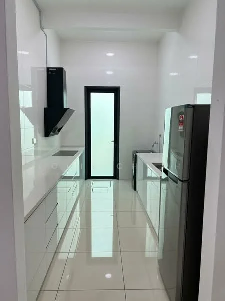 Kitchen features: white glossy cabinetry, marble countertop, stainless-steel fridge, built-in oven, black extractor hood, single-bowl stainless-steel sink, chrome pull-down faucet, white tiled backsplash, ceramic tile flooring, recessed LED downlights, floor-to-ceiling windows, sliding glass door, open layout; style: modern.