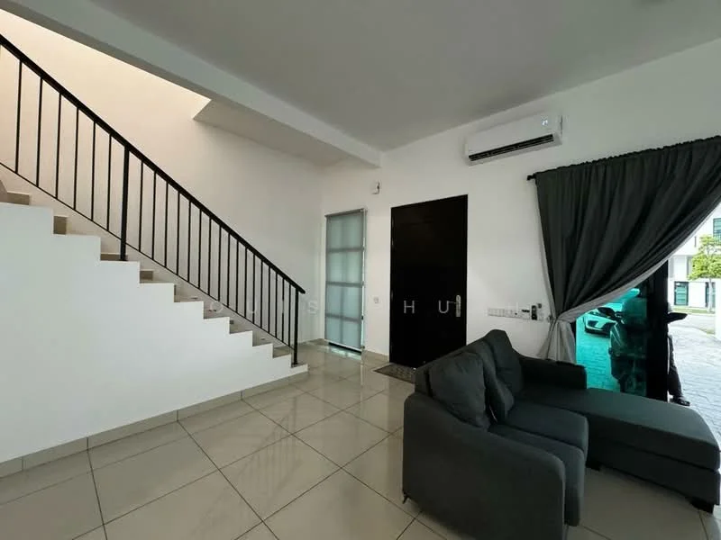 Living features: grey fabric sofa, white painted walls, tile flooring, recessed downlights, 1 wall-mounted split AC, curtains in dark grey, staircase with black railing, glass door, large window with view to exterior; style: modern.