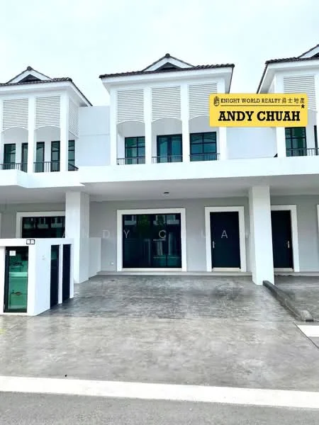 Exterior type: linked terrace house; features: white painted facade, flat roof, two-storey building, manicured driveway, glass sliding doors, balconies with railings, concrete flooring, greenery in the vicinity; style: modern.