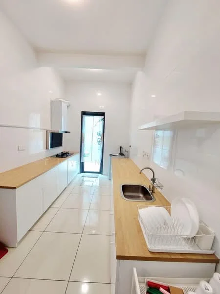 Kitchen features: white painted walls, white cabinetry, wooden countertop, stainless-steel sink, chrome pull-down faucet, built-in oven, 4-burner gas hob, ceramic tile flooring, sliding glass door, dish rack, open shelving, window with natural light; style: modern.
