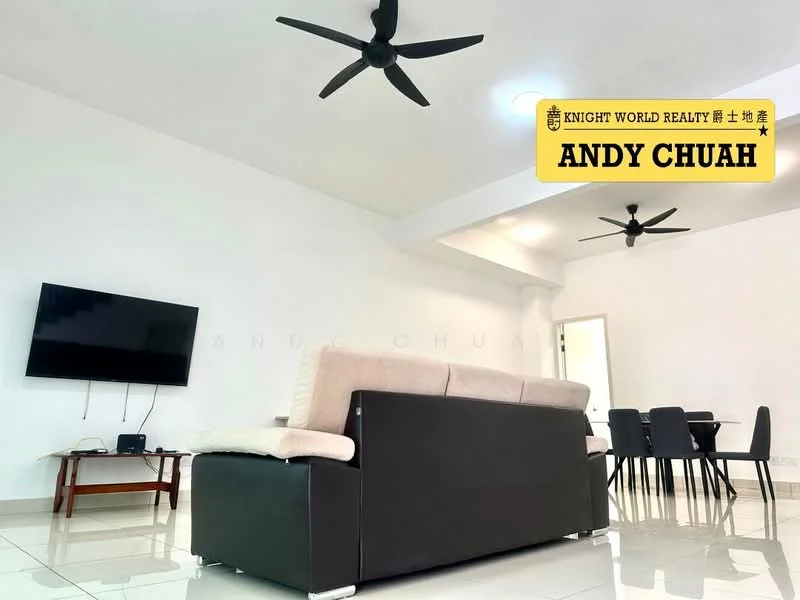 Living features: 3-seater fabric sofa in beige, wall-mounted TV, white painted walls, glossy tile flooring, 2 ceiling fans, recessed ceiling lights, coffee table, decorative wall art; style: modern.