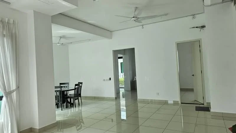Living features: white painted walls, glossy ceramic tile flooring, 5-blade ceiling fan, floor-to-ceiling windows, natural light, open layout, neutral color scheme, dining table with chairs; style: modern; view: garden. Room features: white painted walls, glossy ceramic tile flooring, 5-blade ceiling fan, doorway leading to another room.