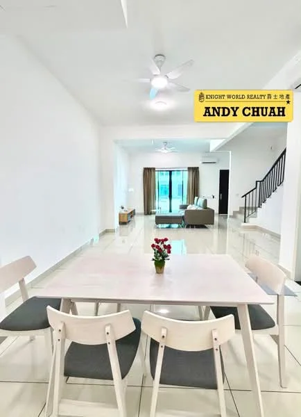 Dining features: white walls, white ceiling, 5-blade ceiling fan with light, rectangular dining table, 4 wooden dining chairs, large windows with sheer curtains, tile flooring, decorative flower vase on table, open layout to living area; style: modern. Living features: sofa in beige, coffee table, TV console, large windows with sheer curtains, tile flooring, open layout to dining area; style: modern.
