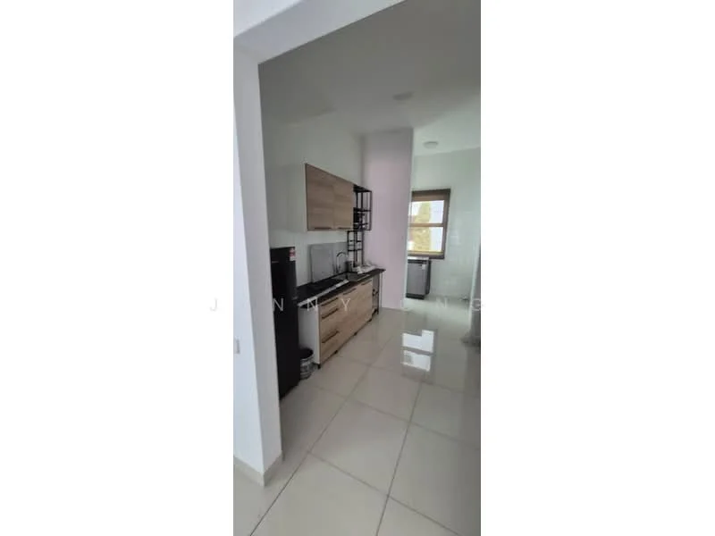 Kitchen features: light wood cabinetry, black countertop, stainless-steel fridge, built-in oven, freestanding range oven, ceramic tile flooring, white walls, window with natural light, open shelving, sink, modern faucet; style: modern.