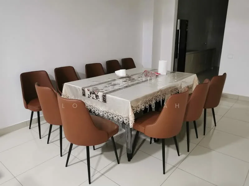 Dining features: 8-seater dining table, brown upholstered dining chairs, tablecloth with lace trim, white ceramic bowl on table, glassware on table, neutral wall color, tile flooring, modern lighting fixture, open space layout; style: modern.